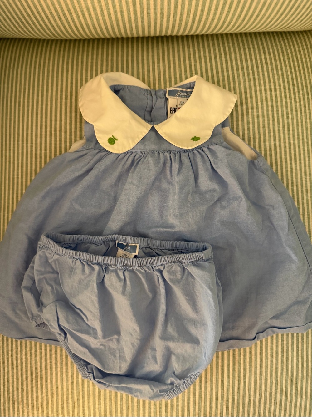Jacadi blue baby dress with white Peter Pan collar and green apple embroidery